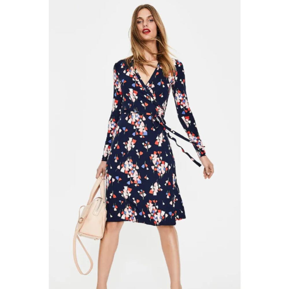 Boden Jersey Navy Tulip Print Wrap Dress size 6R